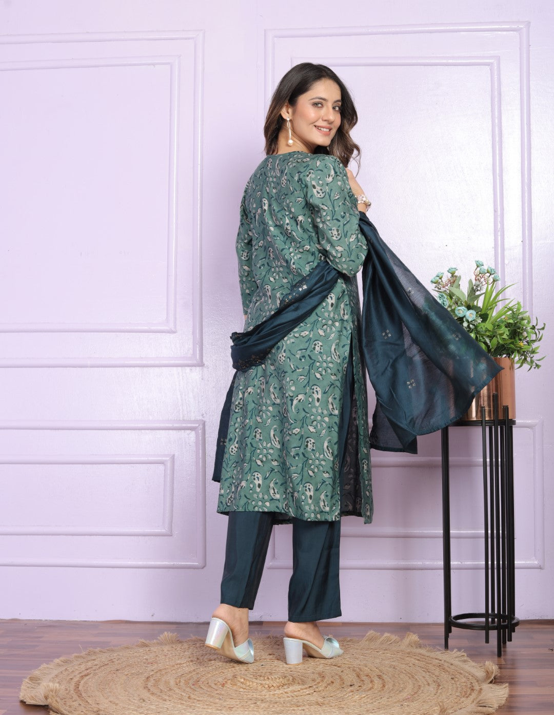 Green Printed Silk Hand Work Suit Set
