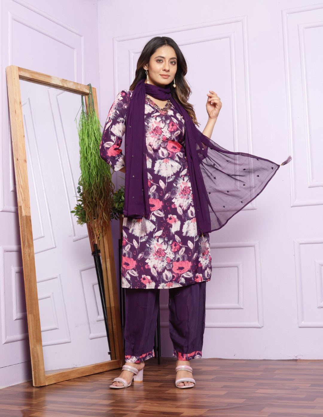 Violet Printed Muslin Hand Work Suit set