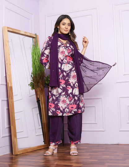 Violet Printed Muslin Hand Work Suit set