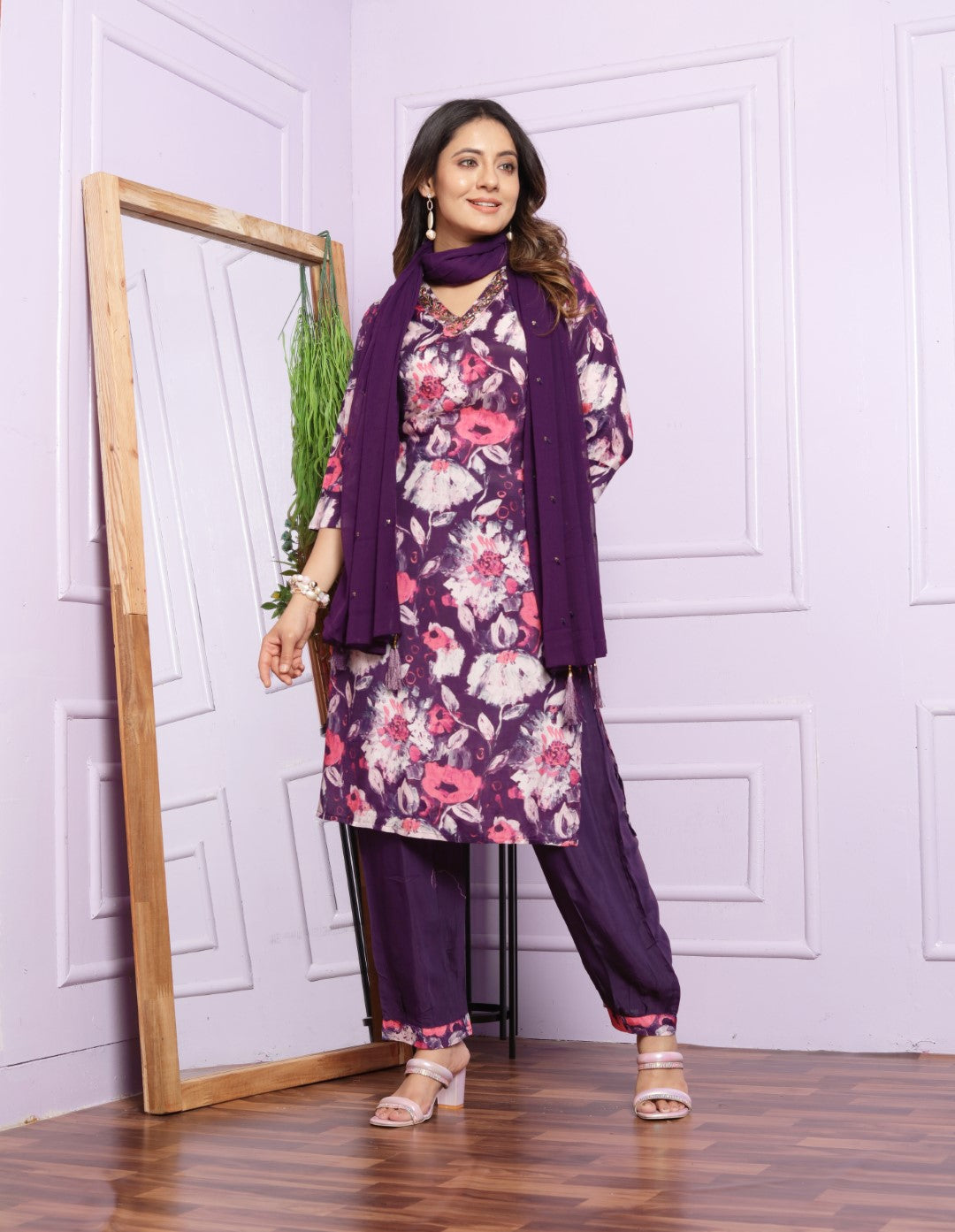Violet Printed Muslin Hand Work Suit set