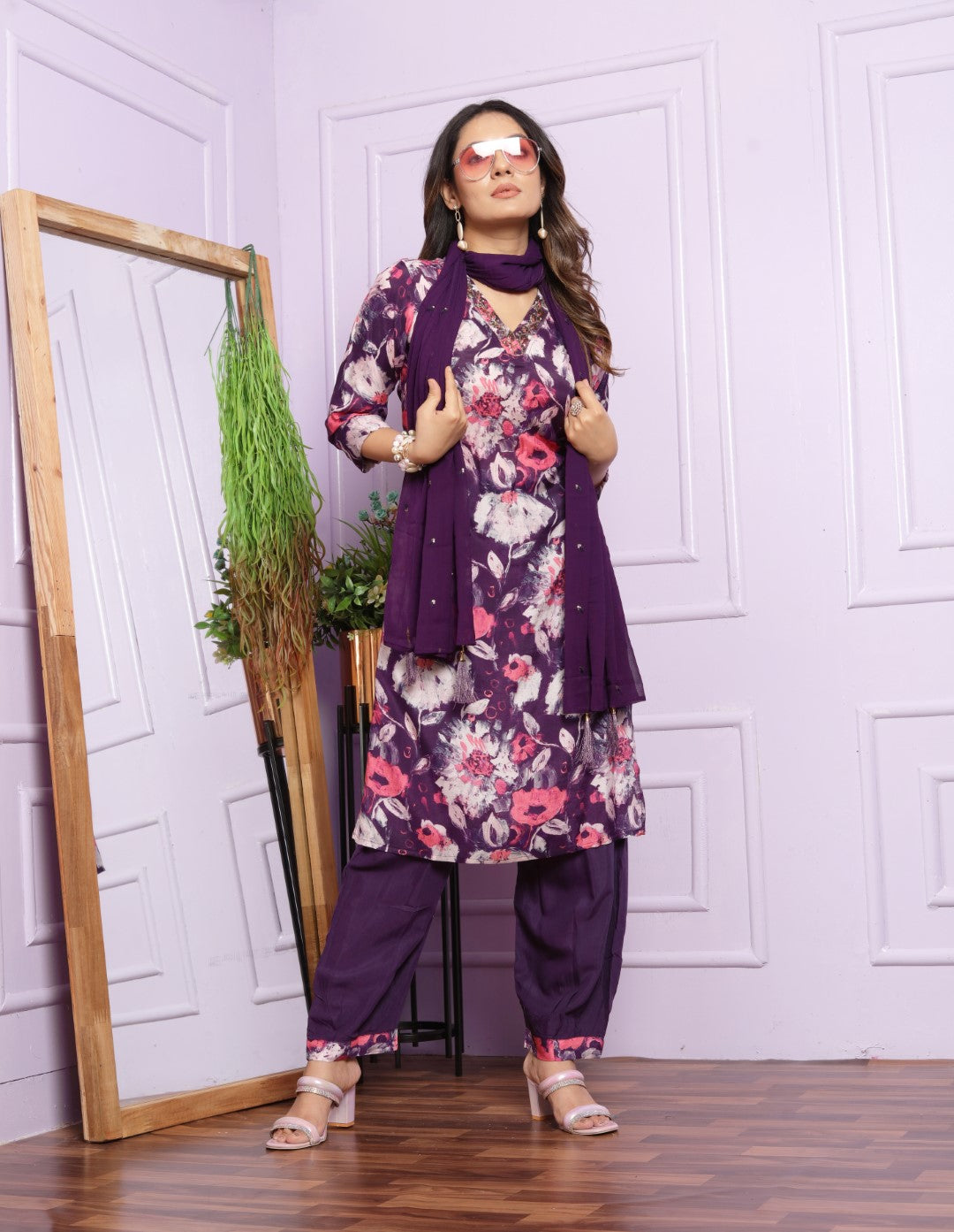 Violet Printed Muslin Hand Work Suit set