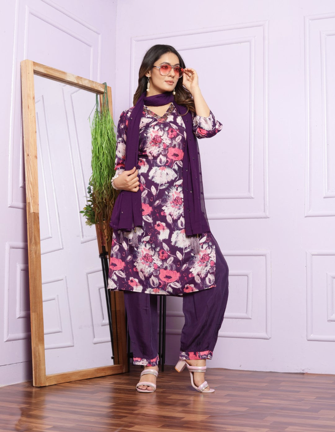 Violet Printed Muslin Hand Work Suit set