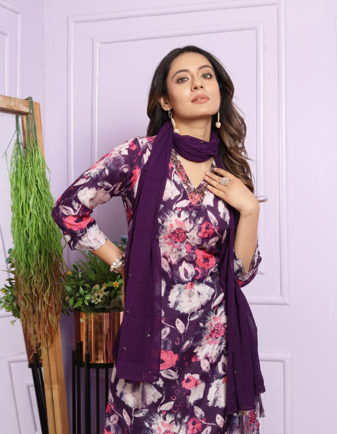 Violet Printed Muslin Hand Work Suit set