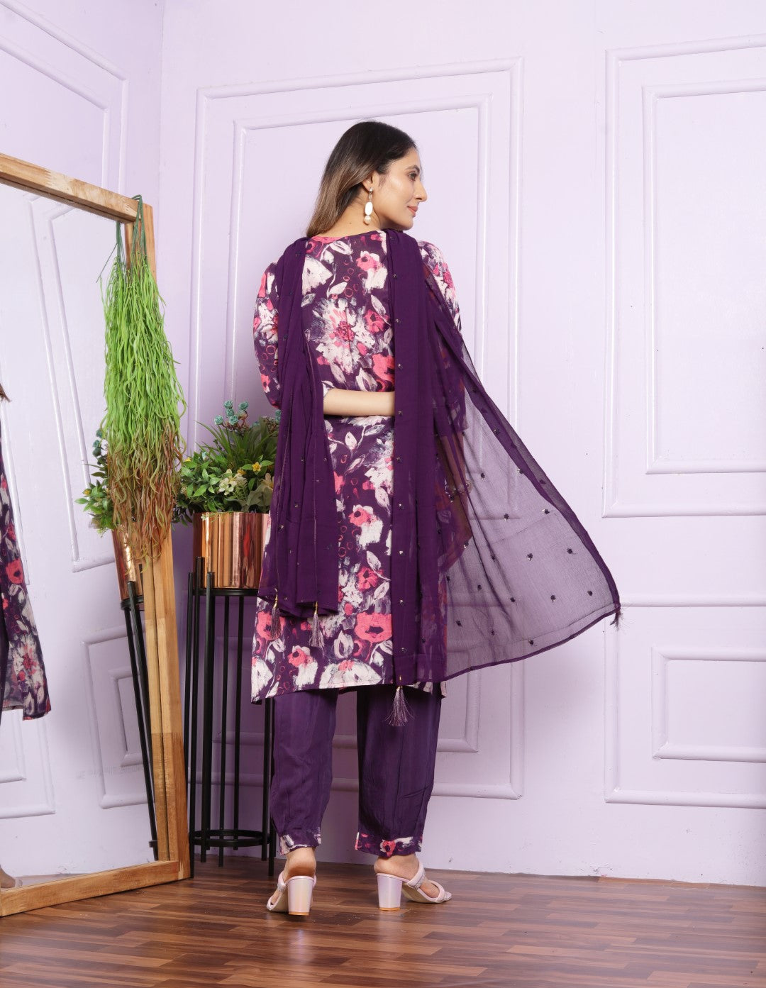 Violet Printed Muslin Hand Work Suit set