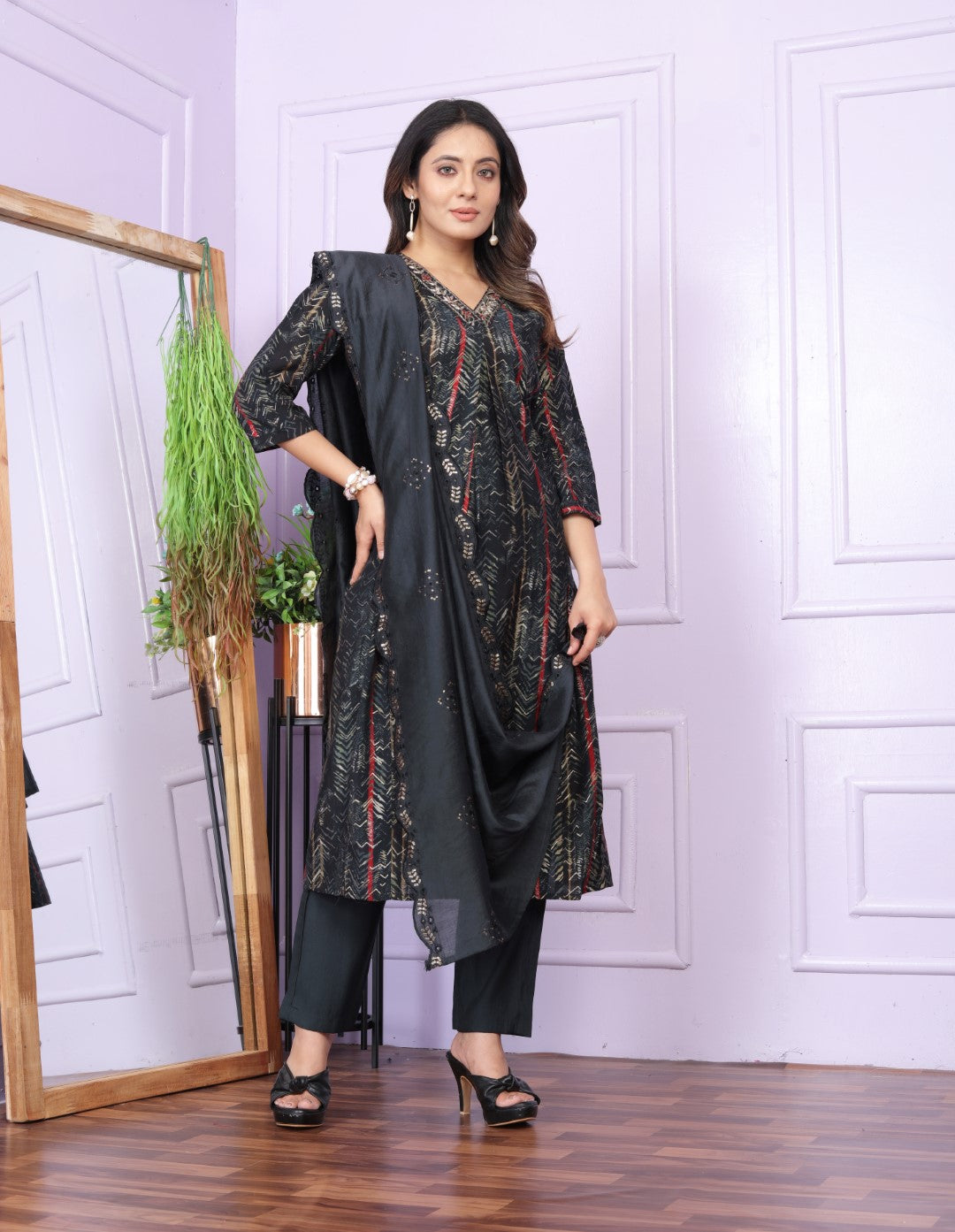 Black Printed Silk Hand Work Suit Set