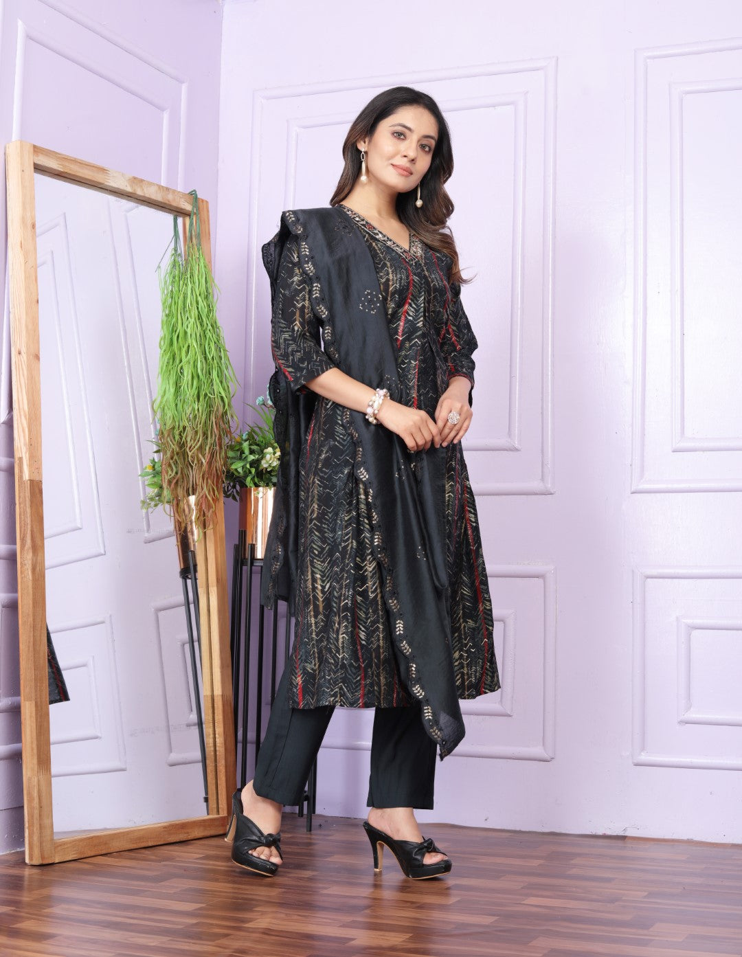 Black Printed Silk Hand Work Suit Set