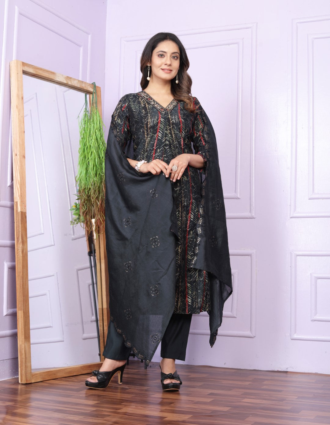 Black Printed Silk Hand Work Suit Set