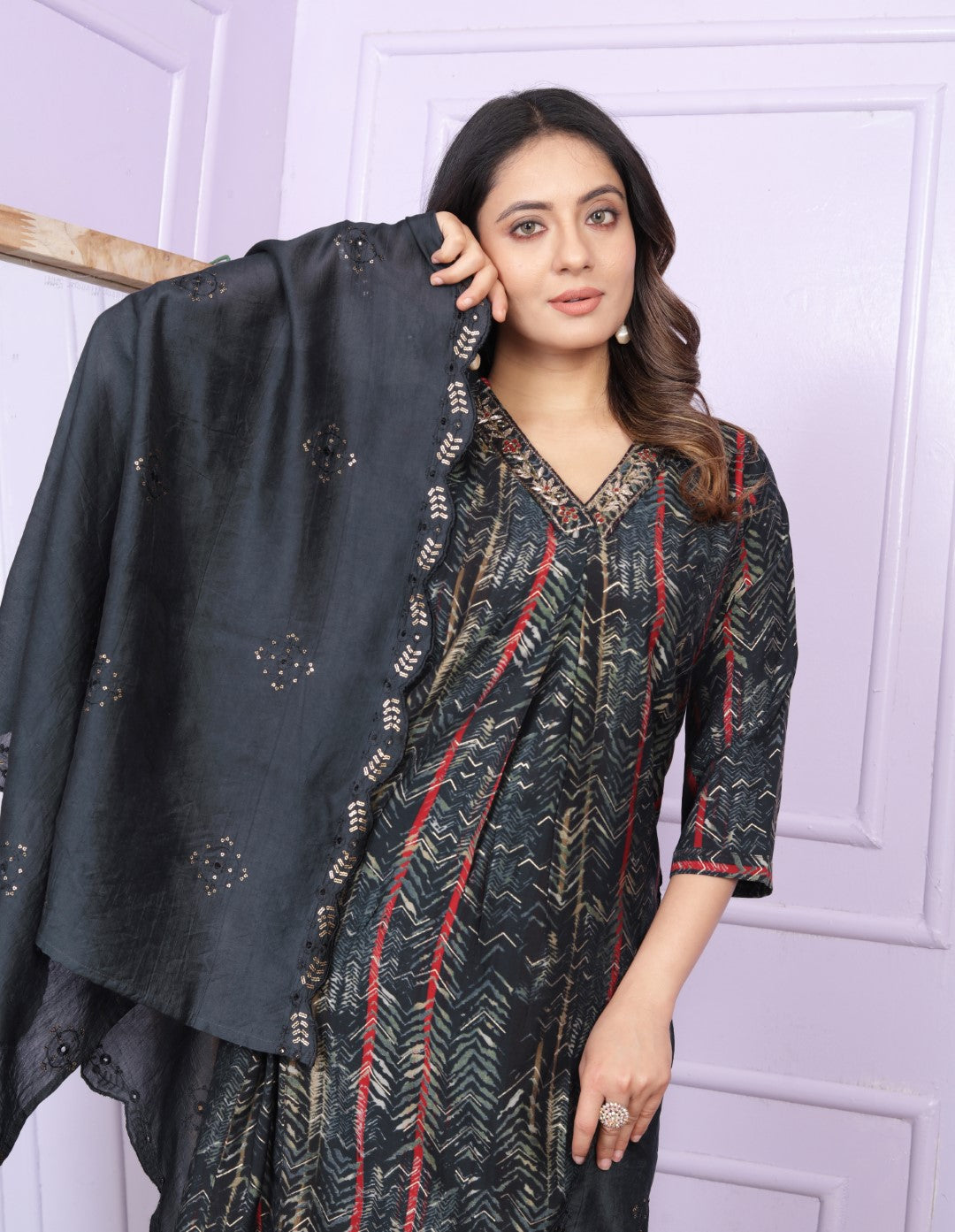 Black Printed Silk Hand Work Suit Set