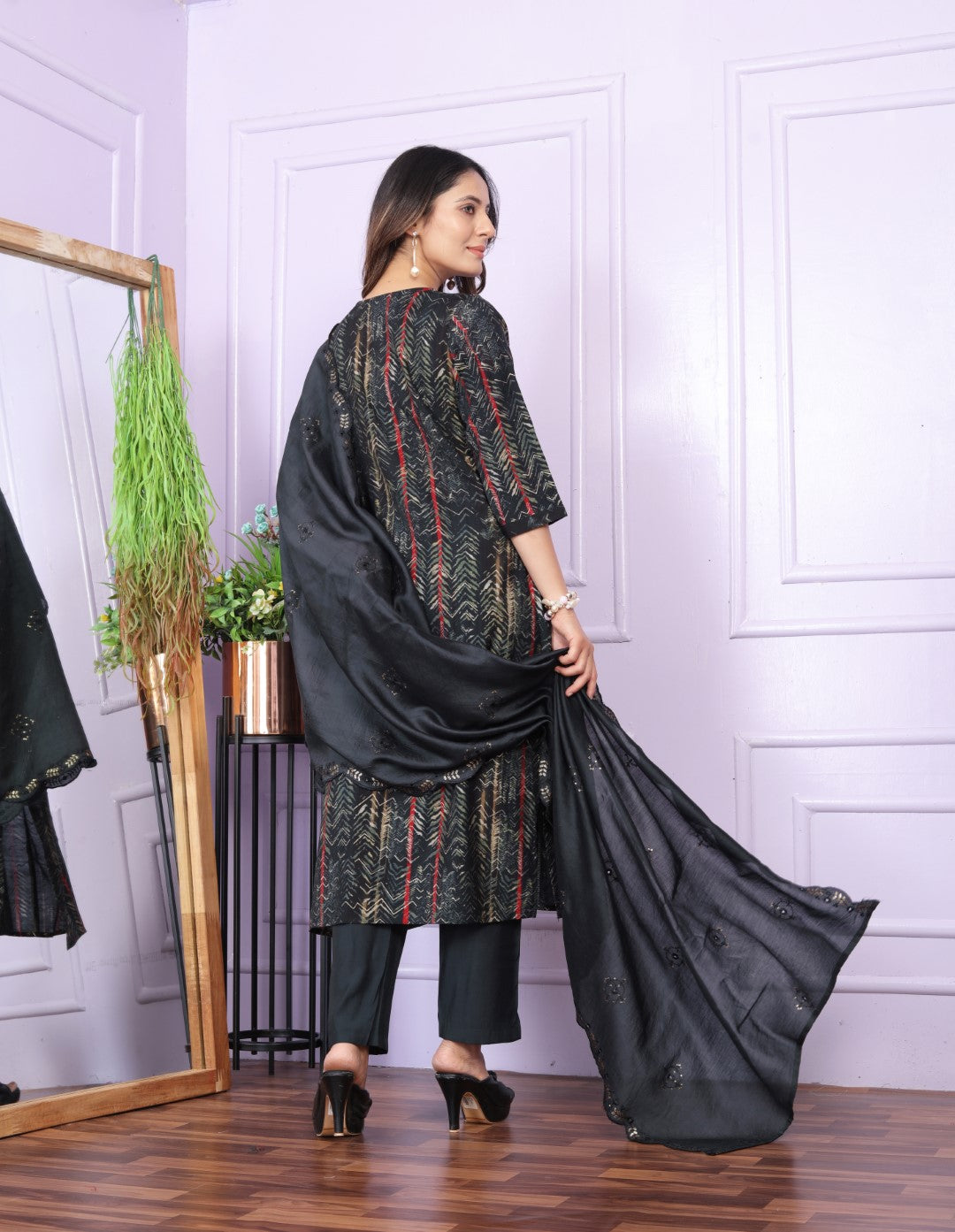 Black Printed Silk Hand Work Suit Set