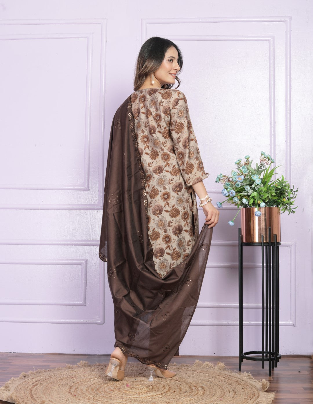 Silk Brown Straight V-Neck Suit Set