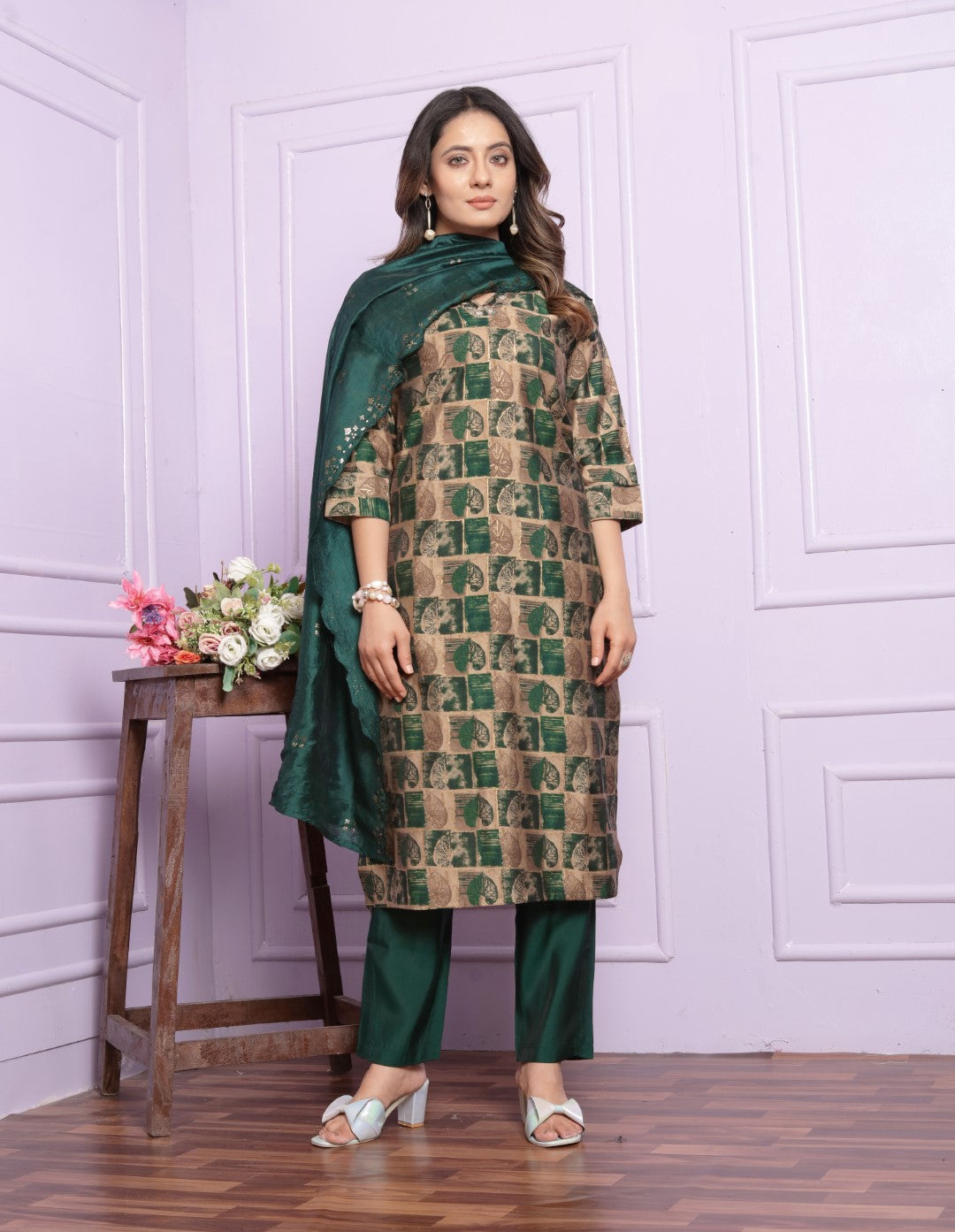 Green Printed Straight Silk Hand Work Suit Set
