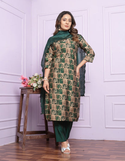Green Printed Straight Silk Hand Work Suit Set