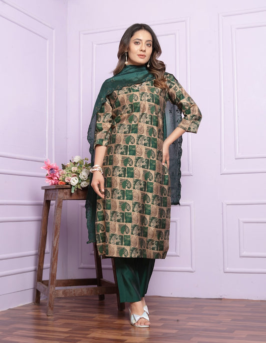 Green Printed Straight Silk Hand Work Suit Set