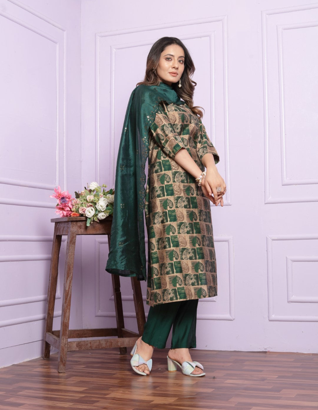 Green Printed Straight Silk Hand Work Suit Set