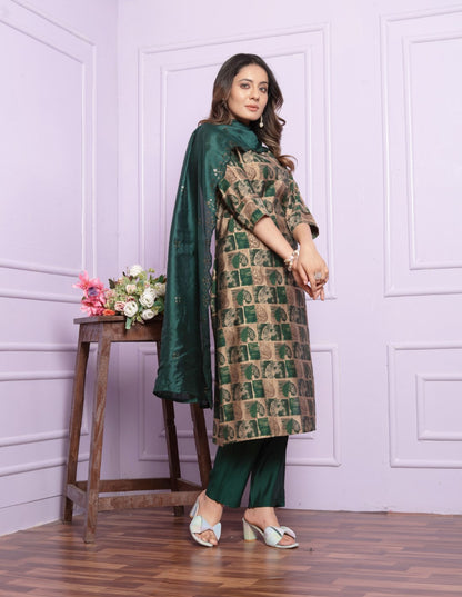Green Printed Straight Silk Hand Work Suit Set