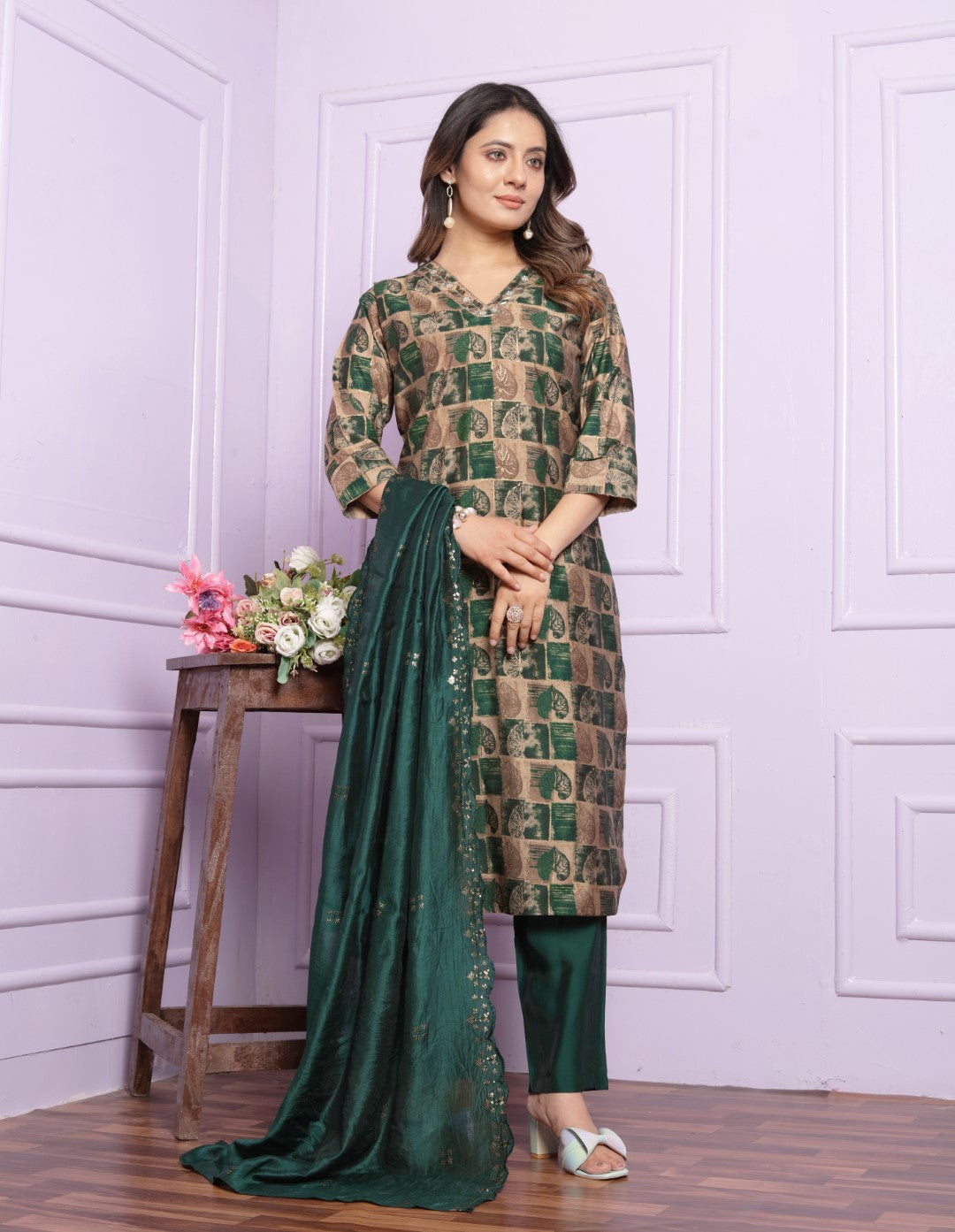 Green Printed Straight Silk Hand Work Suit Set