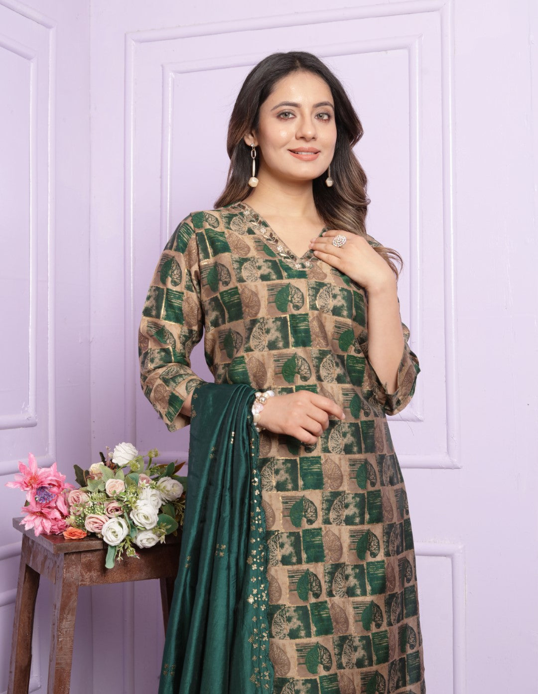 Green Printed Straight Silk Hand Work Suit Set
