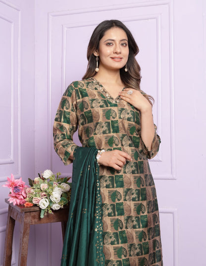 Green Printed Straight Silk Hand Work Suit Set