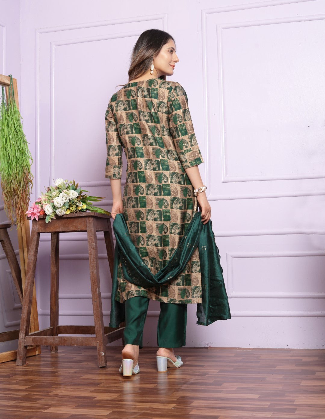 Green Printed Straight Silk Hand Work Suit Set