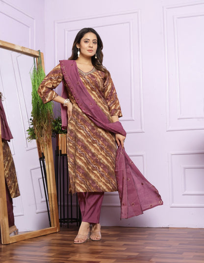 Rubine Printed Straight Silk Suit