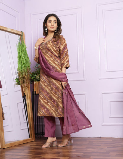 Rubine Printed Straight Silk Suit