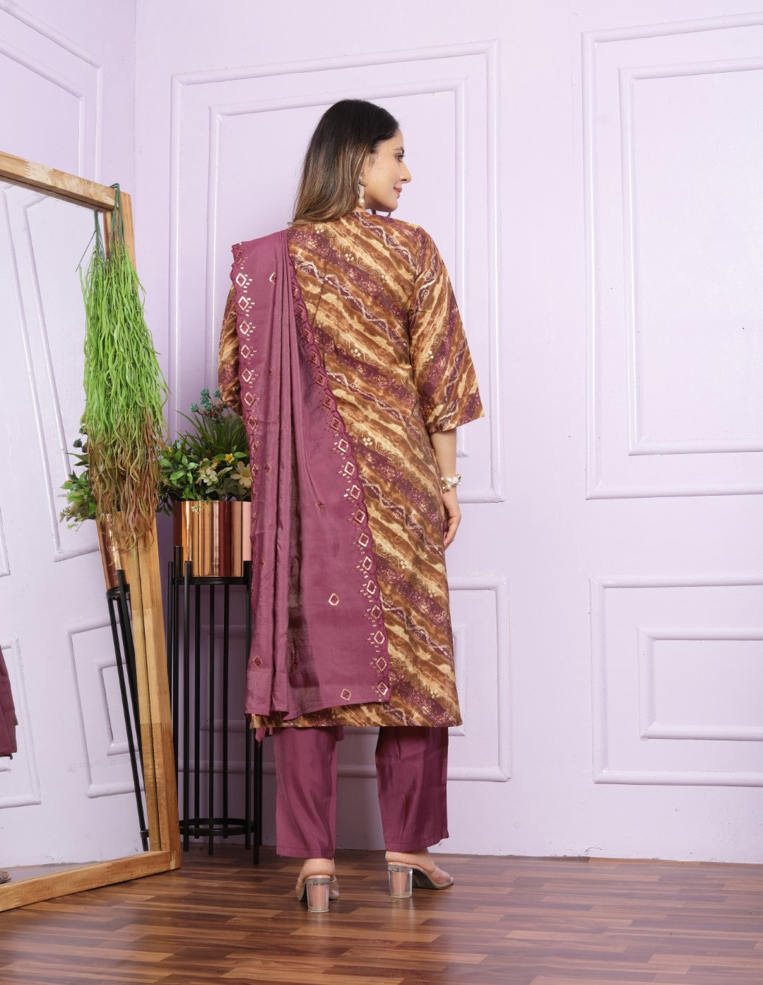 Rubine Printed Straight Silk Suit