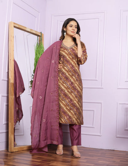Rubine Printed Straight Silk Suit