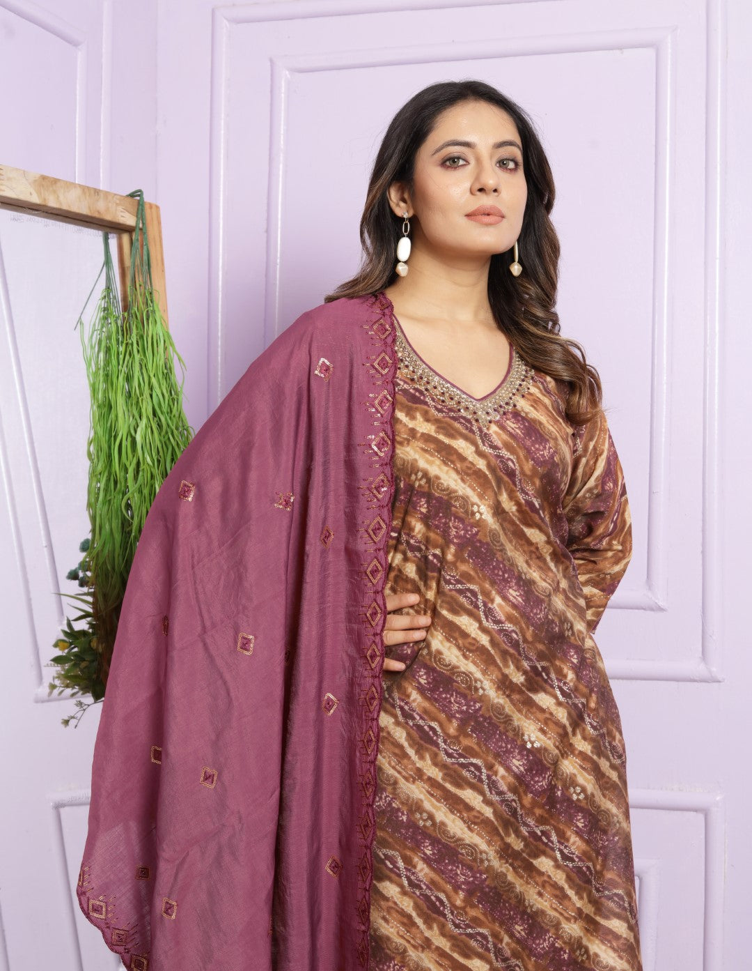Rubine Printed Straight Silk Suit