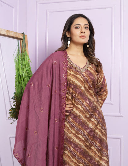 Rubine Printed Straight Silk Suit
