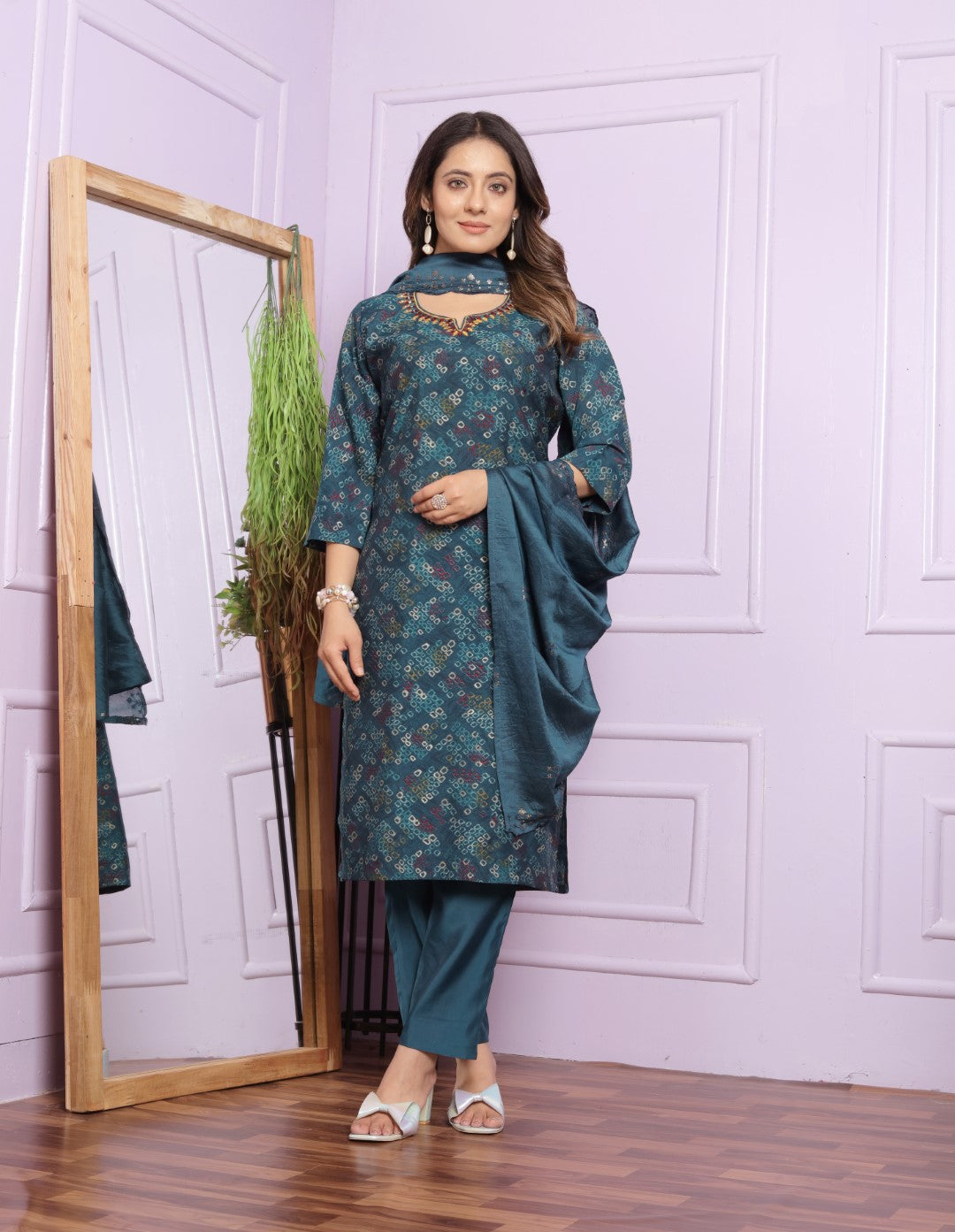 Blue Printed Straight Silk Hand Work Suit Set