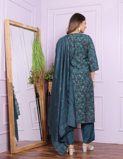Blue Printed Straight Silk Hand Work Suit Set