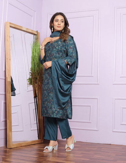 Blue Printed Straight Silk Hand Work Suit Set