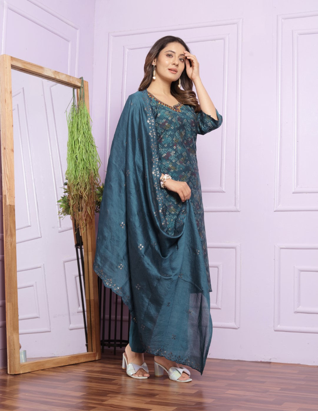 Blue Printed Straight Silk Hand Work Suit Set