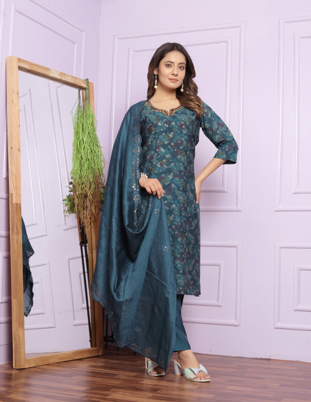 Blue Printed Straight Silk Hand Work Suit Set