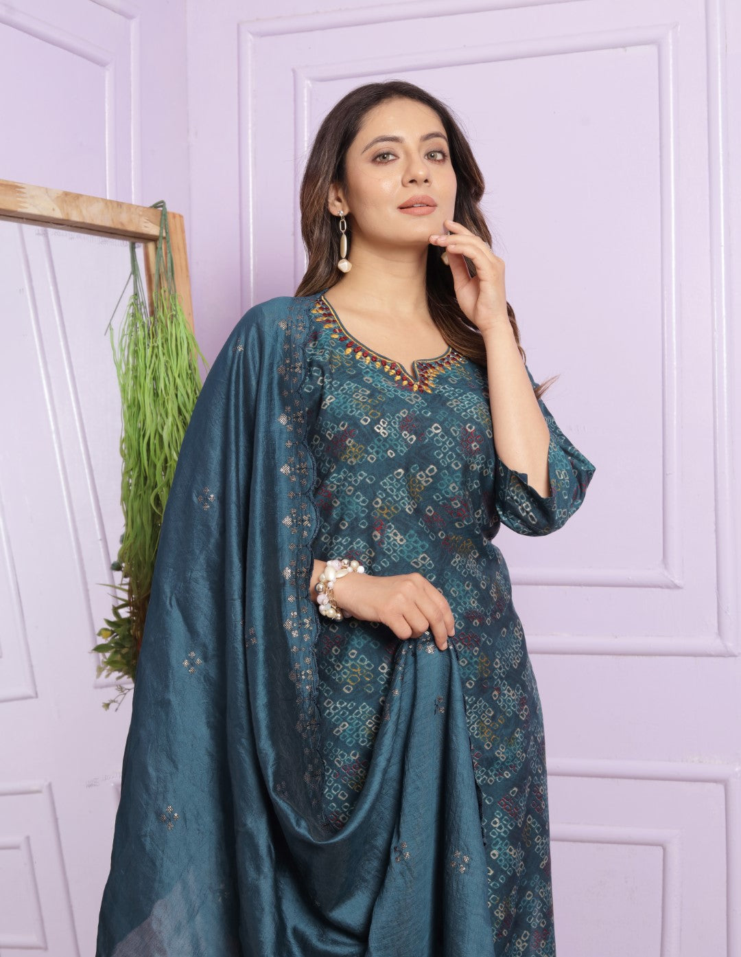 Blue Printed Straight Silk Hand Work Suit Set