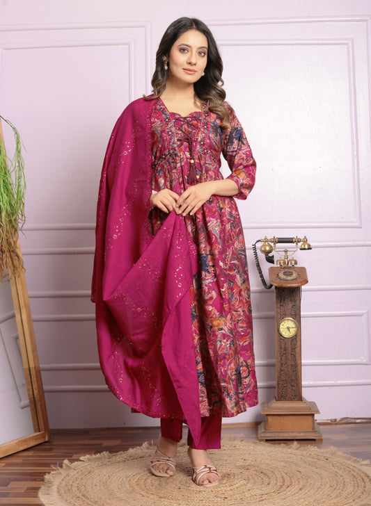 Embroidery Fancy Neck Rani Round kurti Set