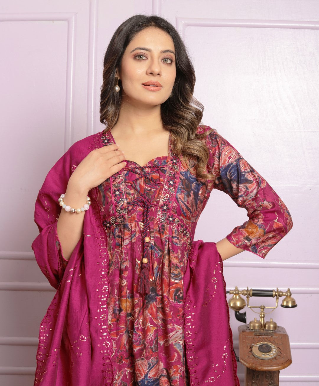 Embroidery Fancy Neck Rani Round kurti Set