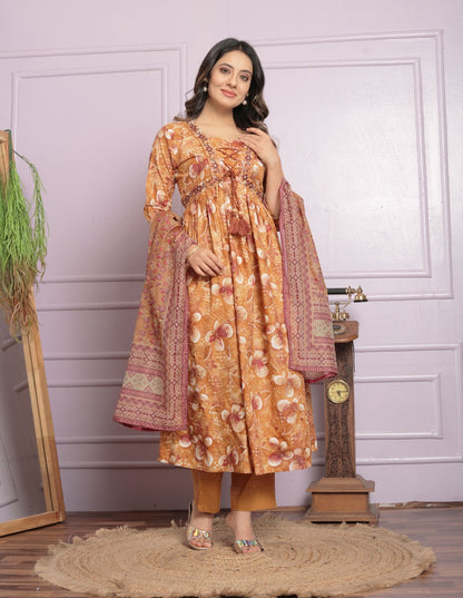 Mustard Embroidery Pure Cotton Suit Set