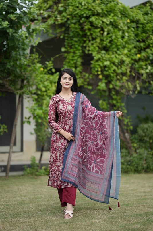 Multicolor Printed Silk Hand work Suit Set