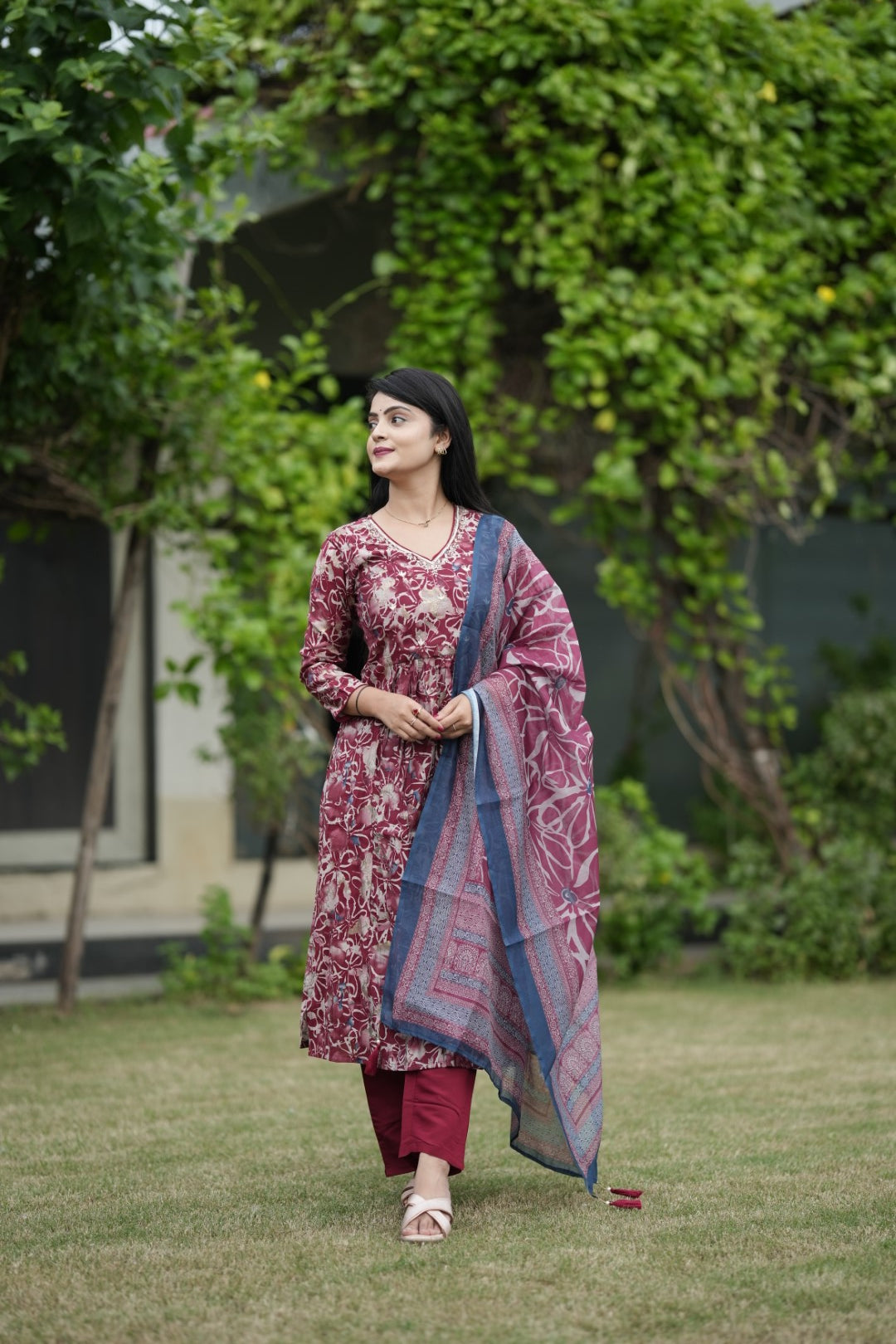 Multicolor Printed Silk Hand work Suit Set