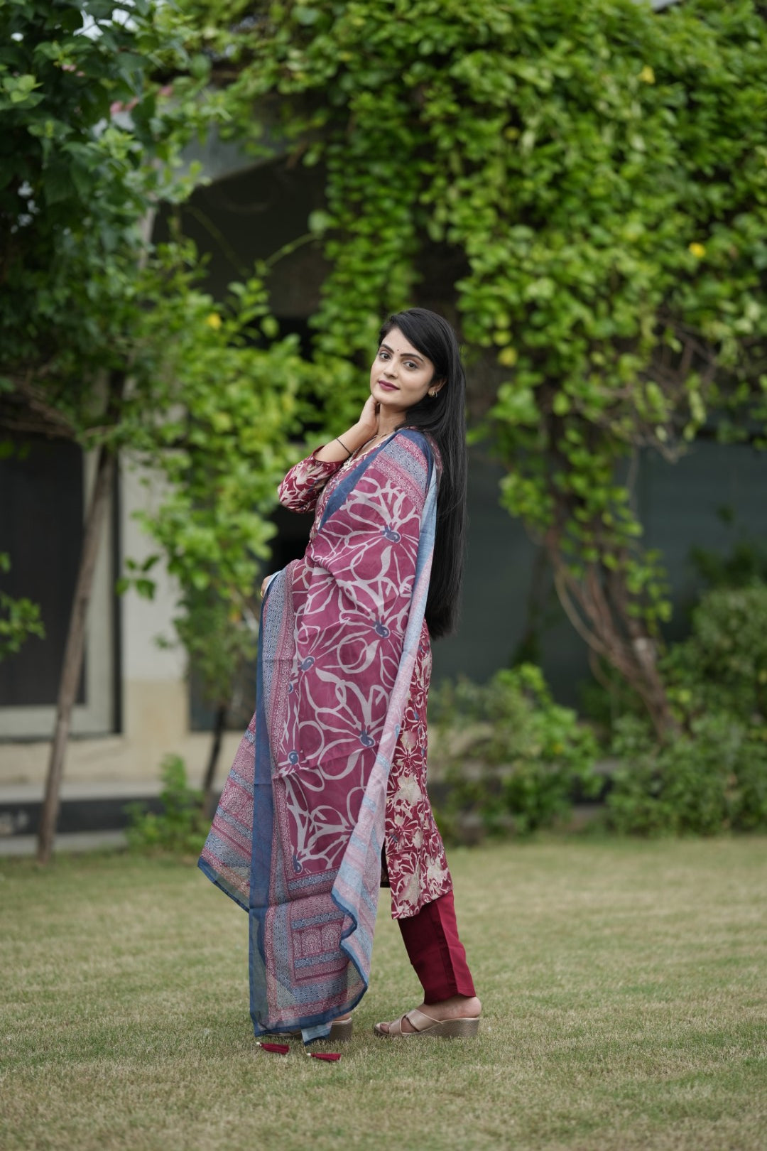 Multicolor Printed Silk Hand work Suit Set