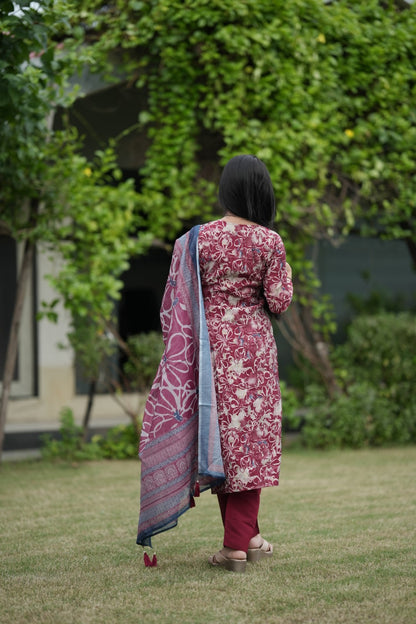 Multicolor Printed Silk Hand work Suit Set