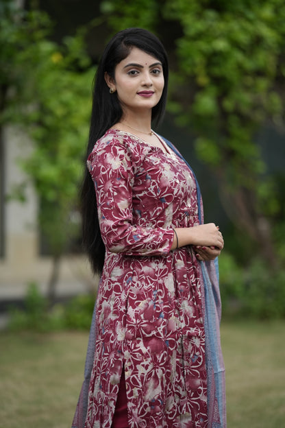 Multicolor Printed Silk Hand work Suit Set