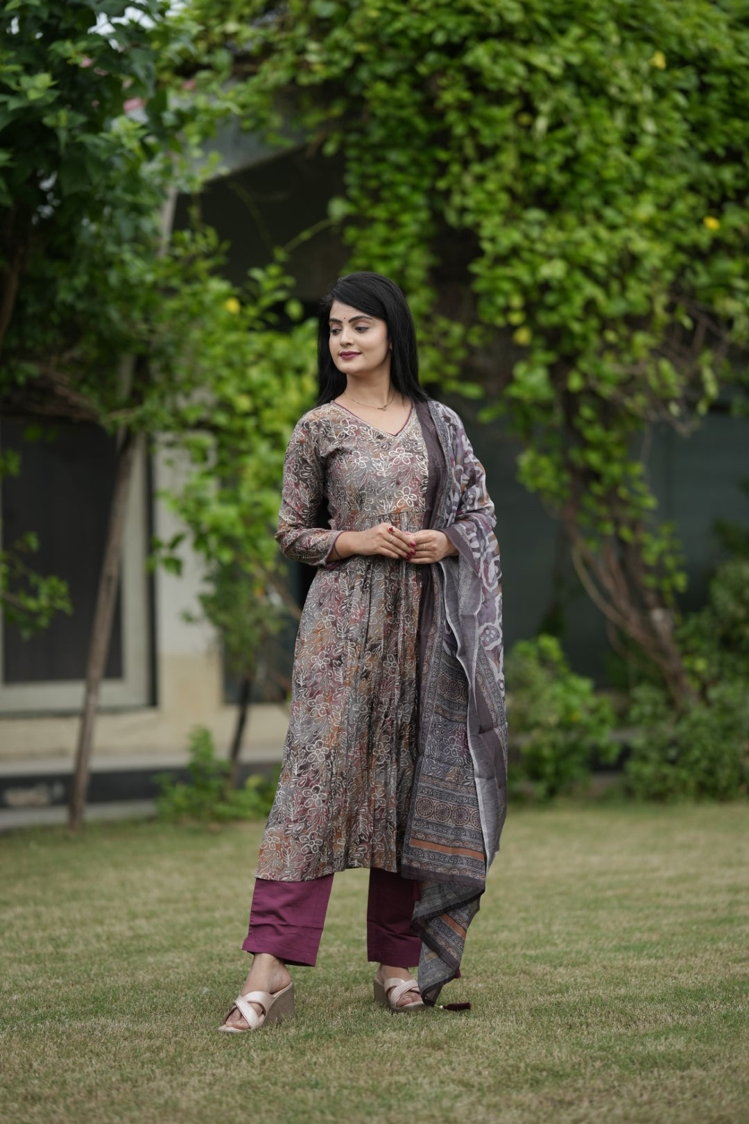 Multicolor Printed Silk Suit Set