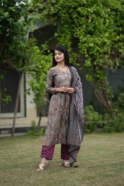 Multicolor Printed Silk Suit Set