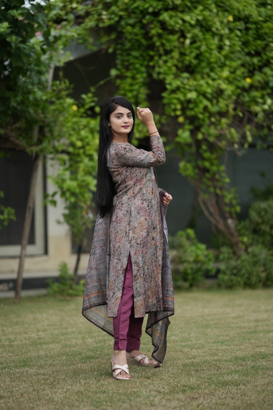 Multicolor Printed Silk Suit Set