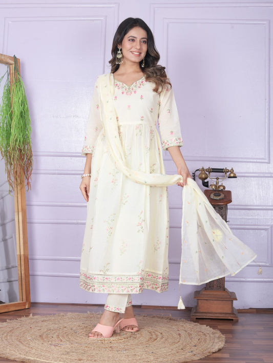 Off White Embroidery Flare Cotton Suit