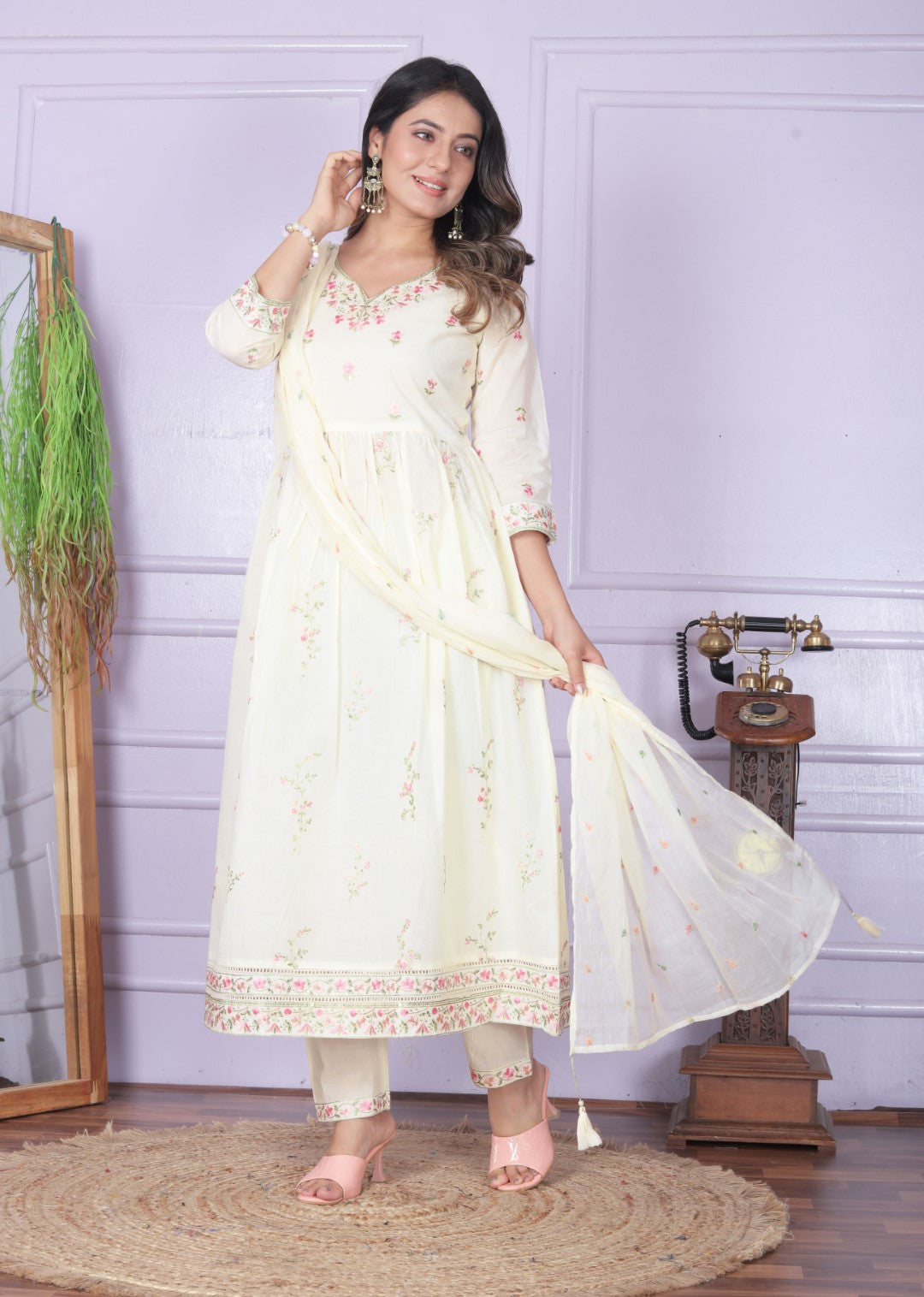 Off White Embroidery Flare Cotton Suit