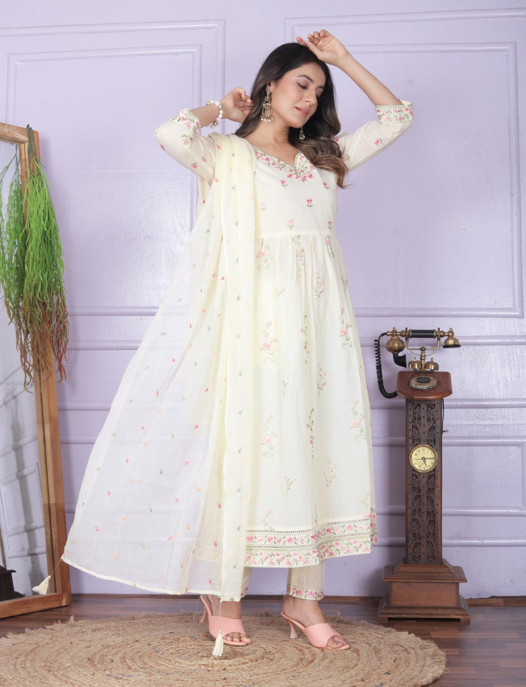 Off White Embroidery Flare Cotton Suit