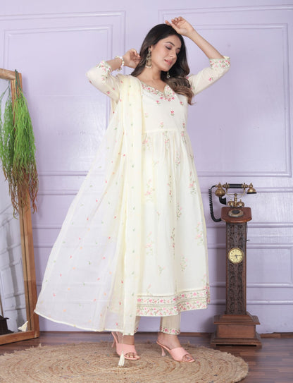 Off White Embroidery Flare Cotton Suit